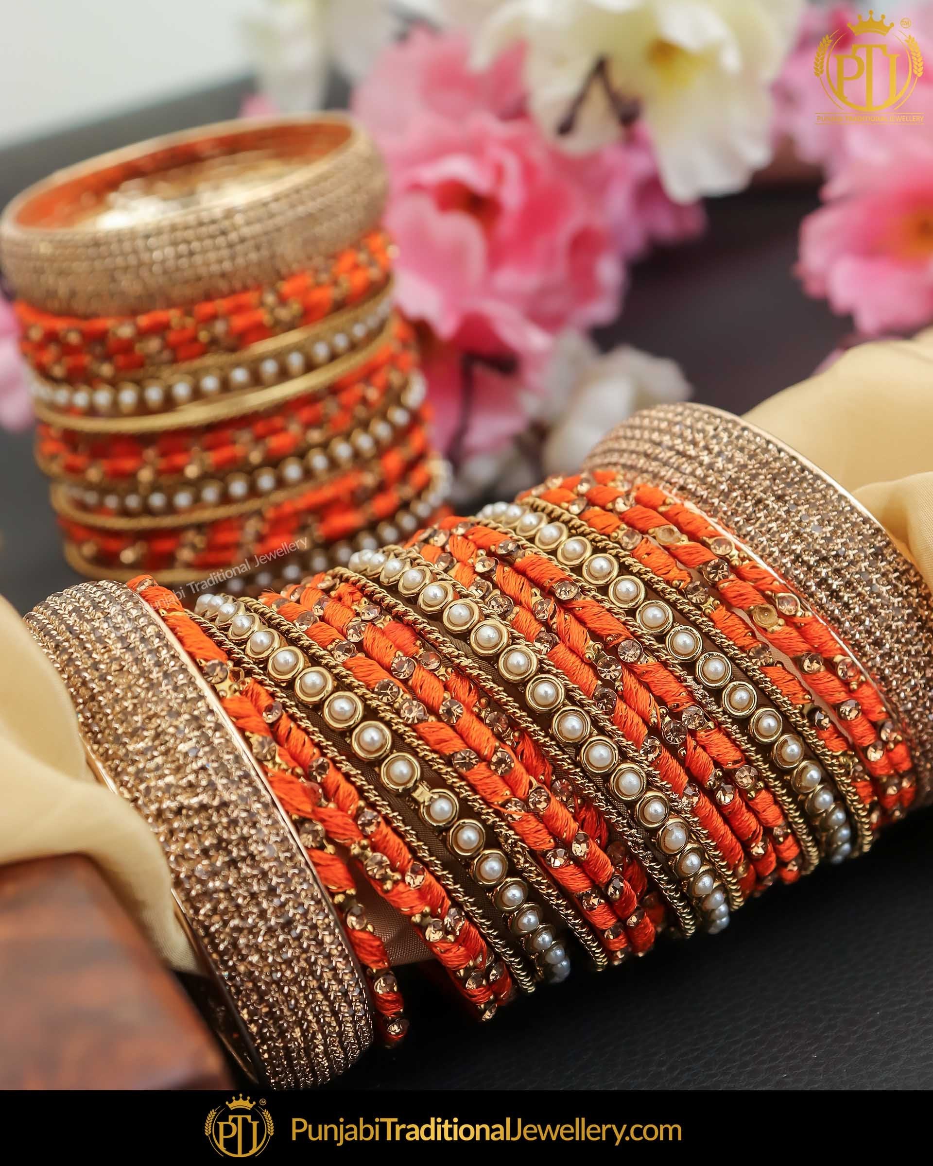 Orange Pearl thread Bangle Set (Both Hand Pair) | Punjabi Traditional Jewellery Exclusive