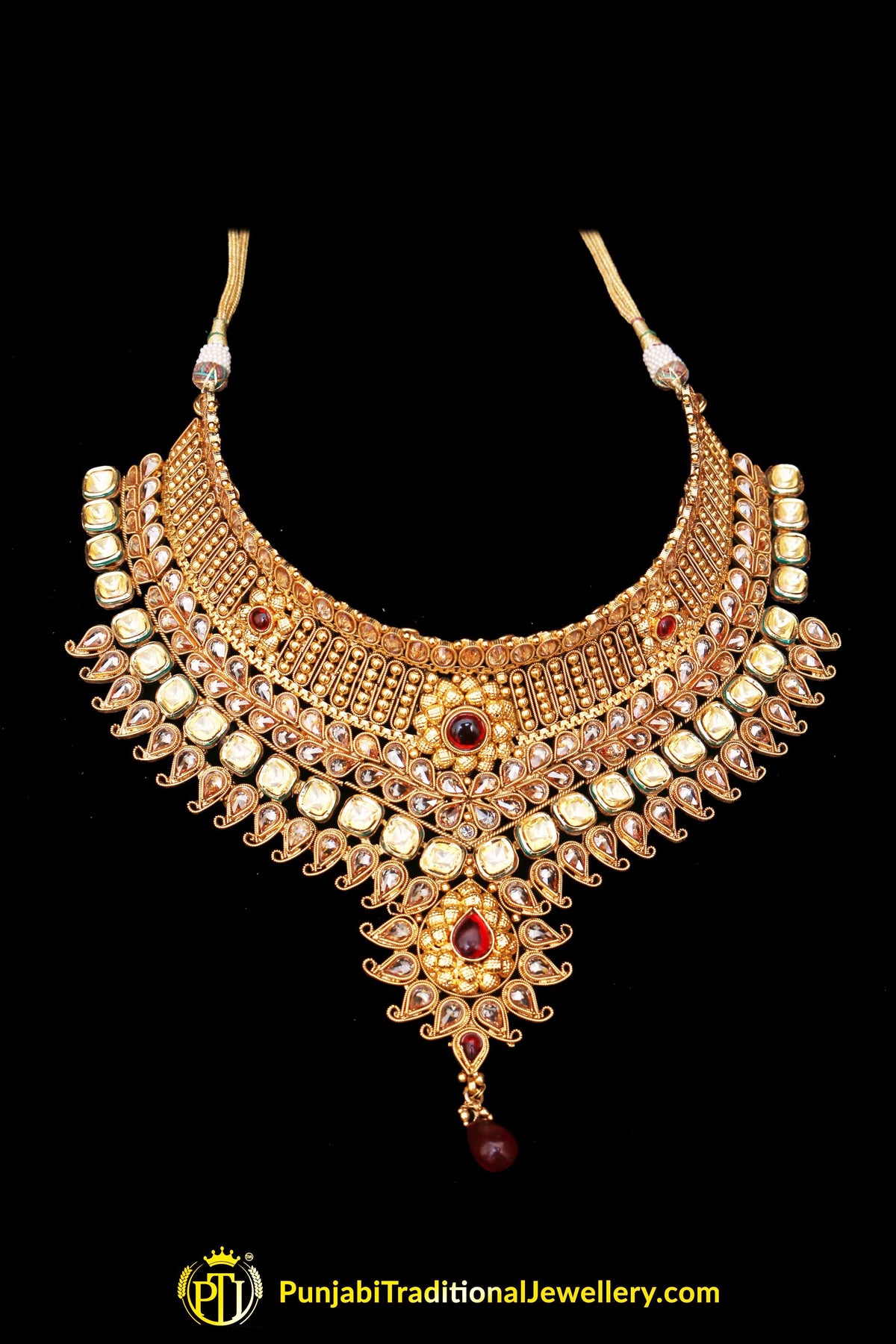 Antique Gold Red Polki Choker Necklace Set By Punjabi Traditional Jewellery