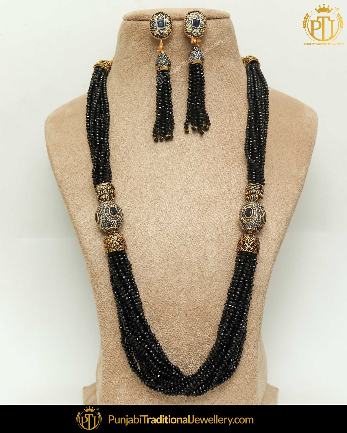 Gold Finished Black Pearl Kundan Mala Necklace Set | Punjabi Traditional Jewellery Exclusive