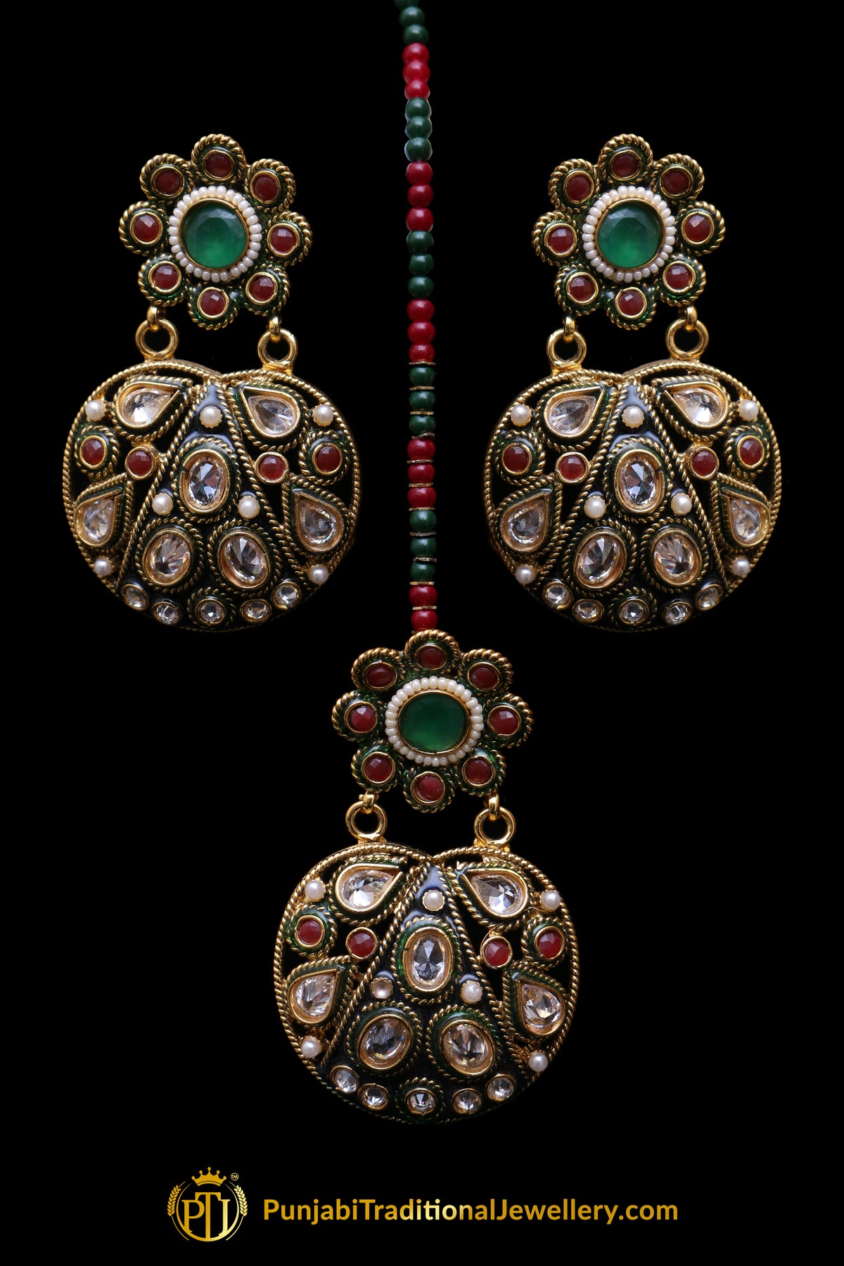Multi Meena Polki Earring Tikka Set By Punjabi Traditional Jewellery