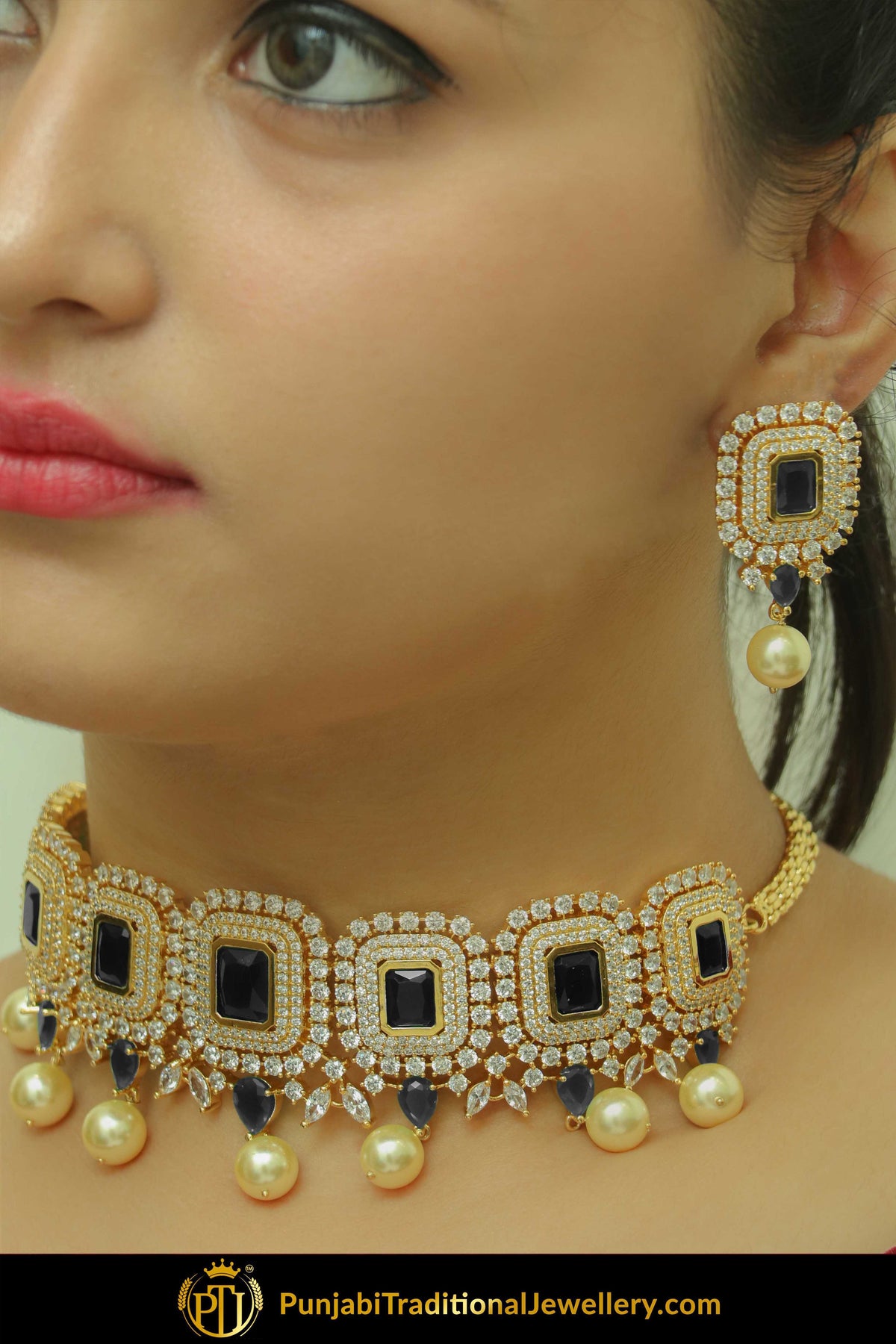 Ghadah Gold Finished Blue Pearl American diamond Choker Set & Earrings | Punjabi Traditional Jewellery Exclusive