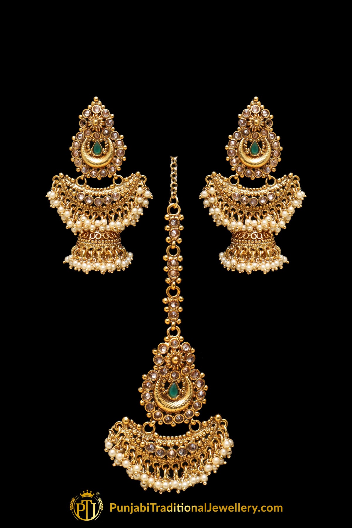 Champagne Stone Pearl Earring Tikka Set By Punjabi Traditional Jewellery