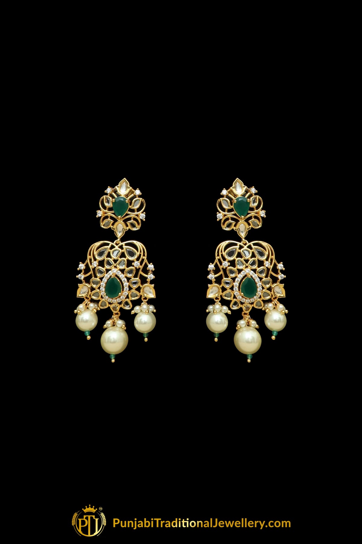 Green Pearl Kundan Matt Gold Necklace Set By Punjabi Taditional Jewellery