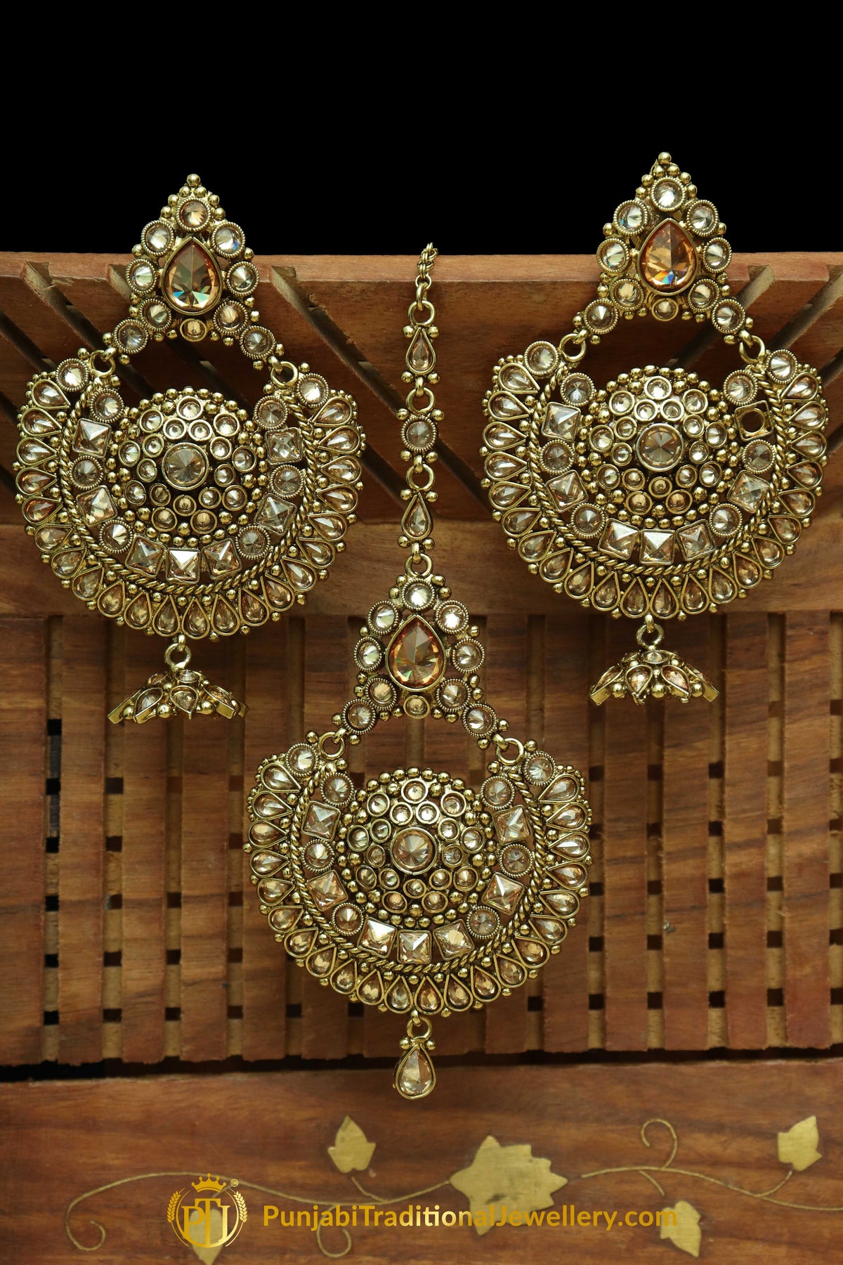 Gold Finished Champagne Stone Earring Tikka Set By Punjabi Traditional Jewellery