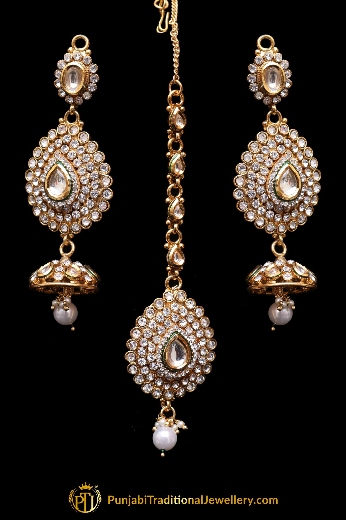 Golden Polki Earring Tikka Set By Punjabi Traditional Jewellery
