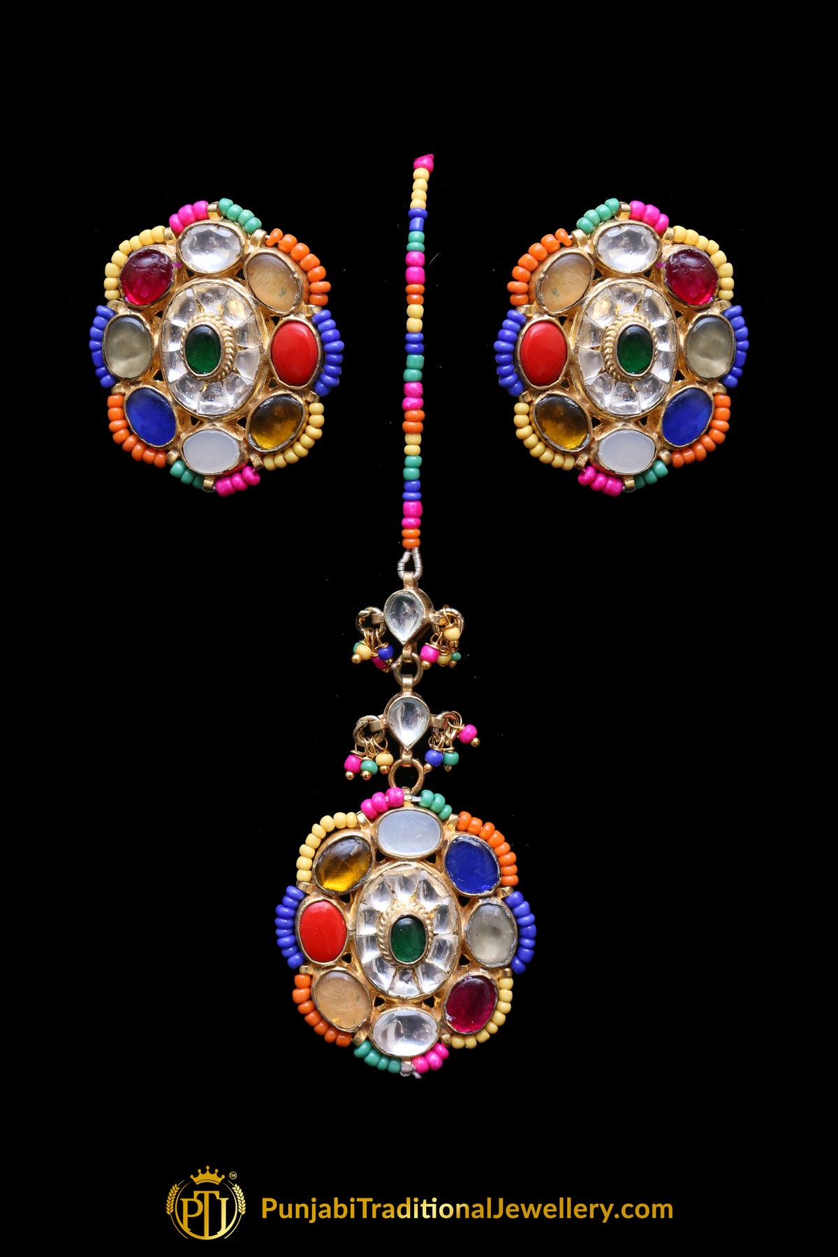 Multi Polki Stud Earrings & Tikka Set By Punjabi Traditional Jewellery