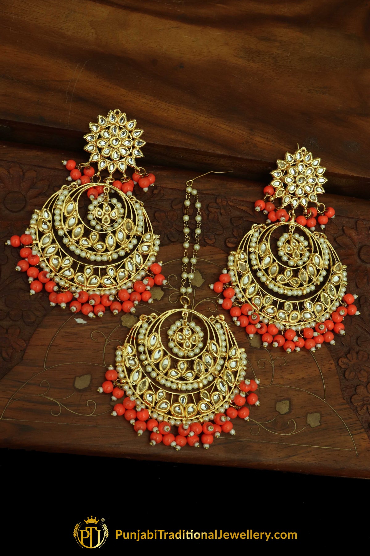 Orange Kundan Earring Tikka Set By Punjabi Traditional Jewellery