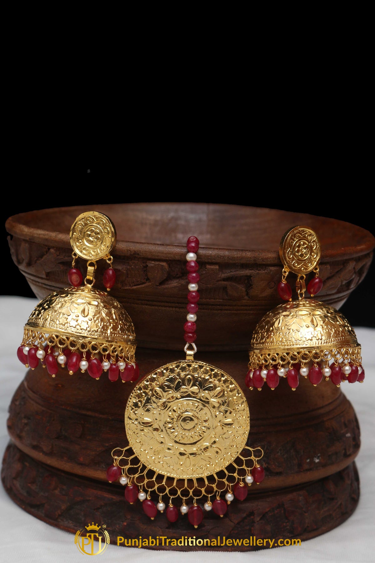 Red Jhumki Earrings & Tikka Set By Punjabi Traditional Jewellery