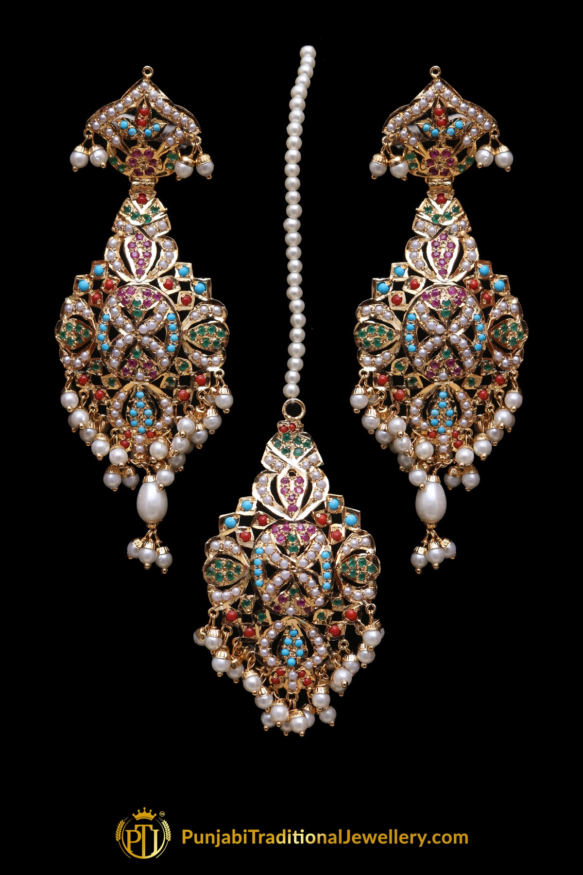 Multi Jadau Pearl Earring Tikka Set By Punjabi Traditional Jewellery