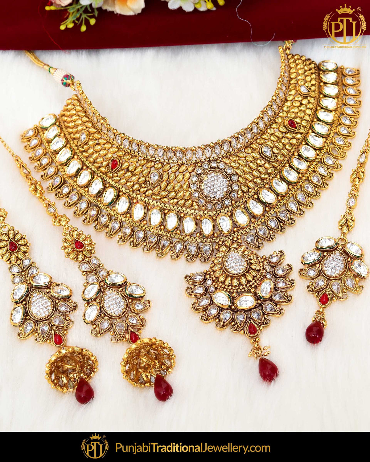 Antique Gold Finished Polki/Kundan Rubby Johda Necklace Set  | Punjabi Traditional Jewellery Exclusive