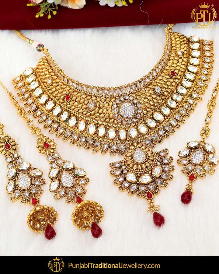 Antique Gold Finished Polki/Kundan Rubby Johda Necklace Set  | Punjabi Traditional Jewellery Exclusive