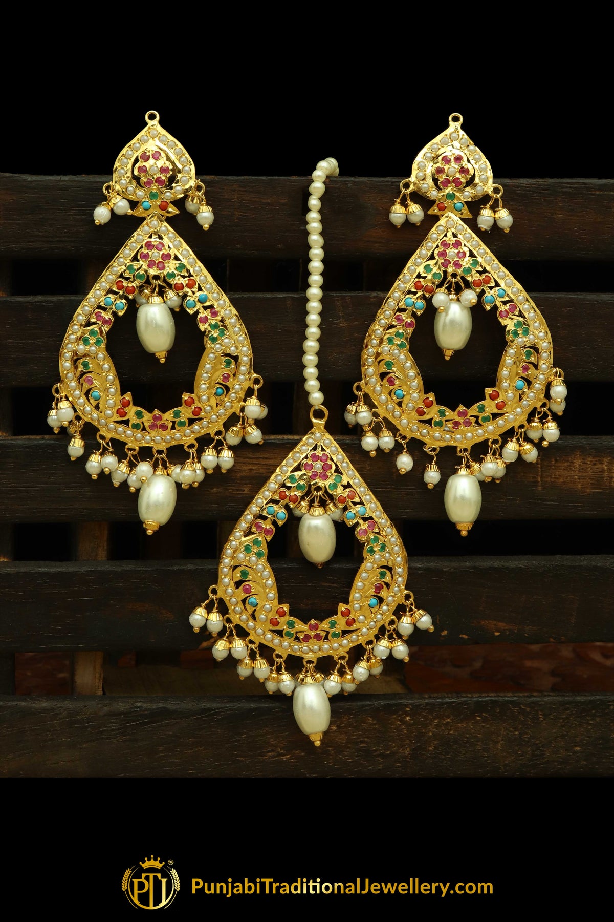 Gold Finished Navratan Jadau Earring Tikka Set By Punjabi Traditional Jewellery