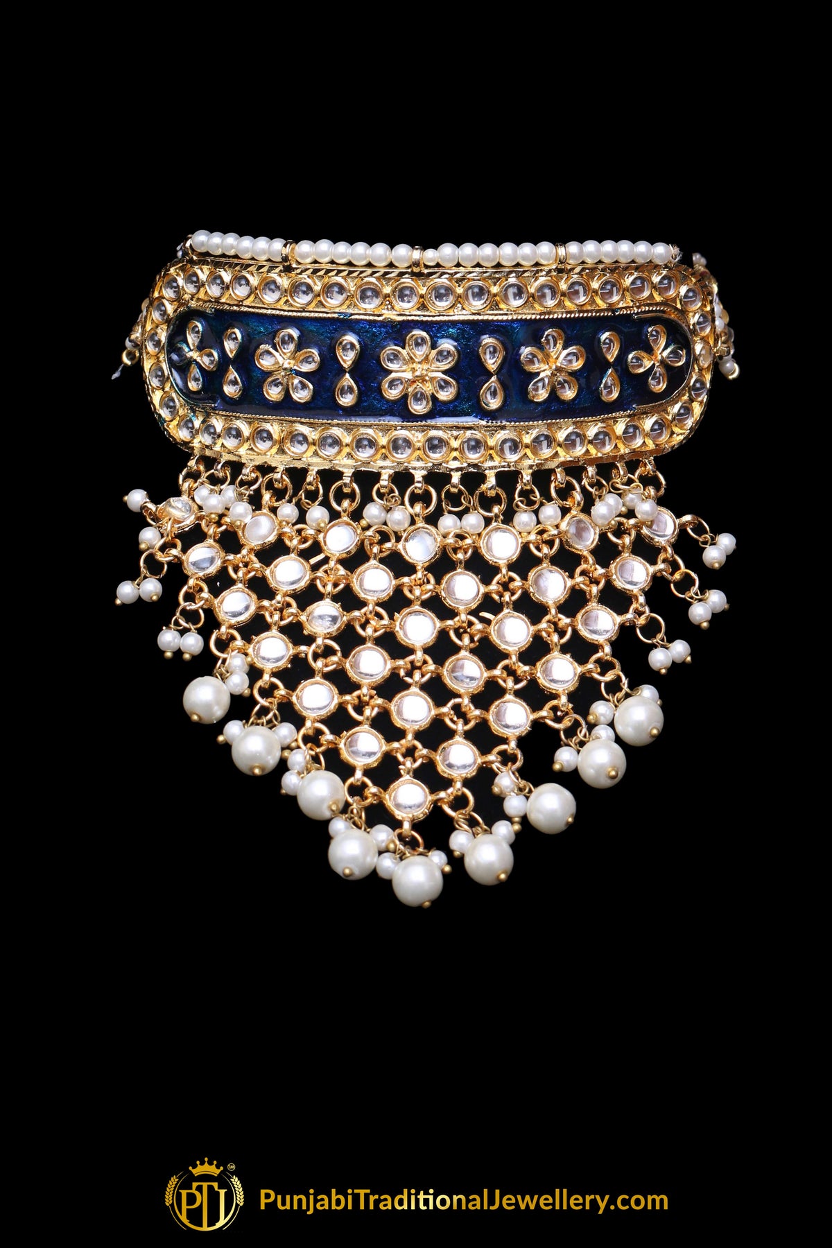 Blue Choker Pearl Kundan Meena Necklace Set By Punjabi Traditional Jewellery