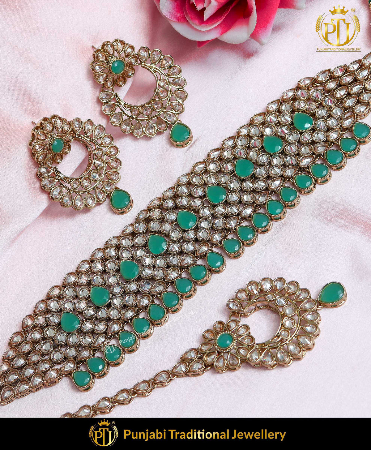 Champagne Stone Emerald Pearl Choker Necklace Set | Punjabi Traditional Jewellery Exclusive