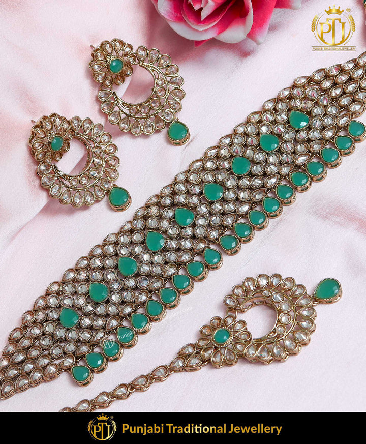 Champagne Stone Emerald Pearl Choker Necklace Set | Punjabi Traditional Jewellery Exclusive