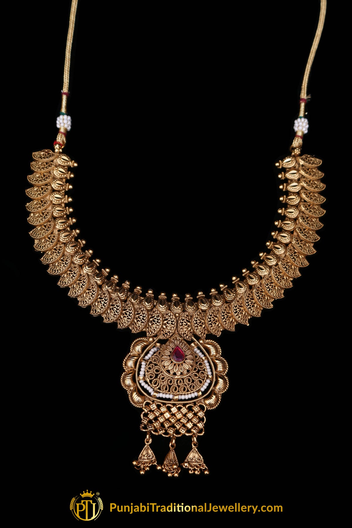 Red Green Antique Gold Necklace Set By Punjabi Traditional Jewellery
