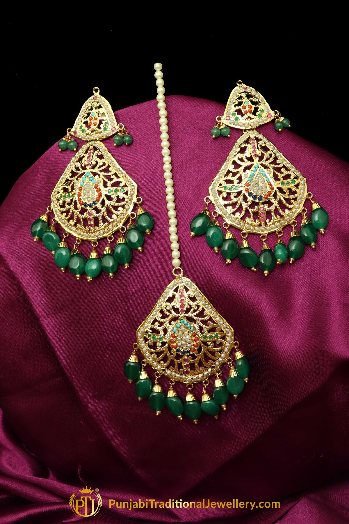 Green Jadau Earrings Tikka Set By Punjabi Traditional Jewellery