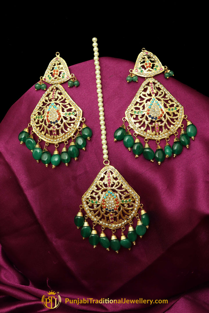 Green Jadau Earrings Tikka Set By Punjabi Traditional Jewellery