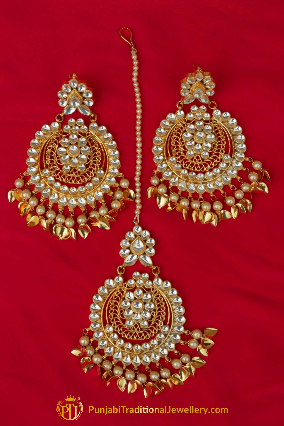 Golden Kundan Pippal Patti Earring Tikka Set | Punjabi Traditional Jewellery Exclusive