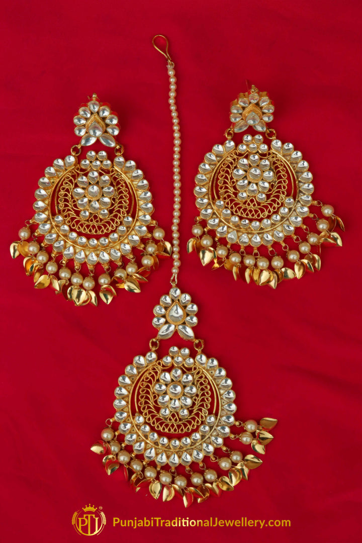 Golden Kundan Pippal Patti Earring Tikka Set | Punjabi Traditional Jewellery Exclusive