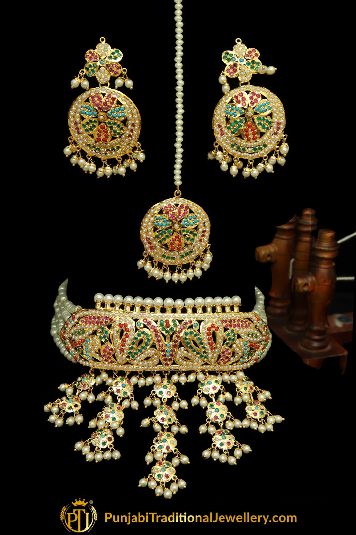 Jennah Gold Finished Navratan Jadau Choker Set, Tikka & Earrings | Punjabi Traditional Jewellery Exclusive