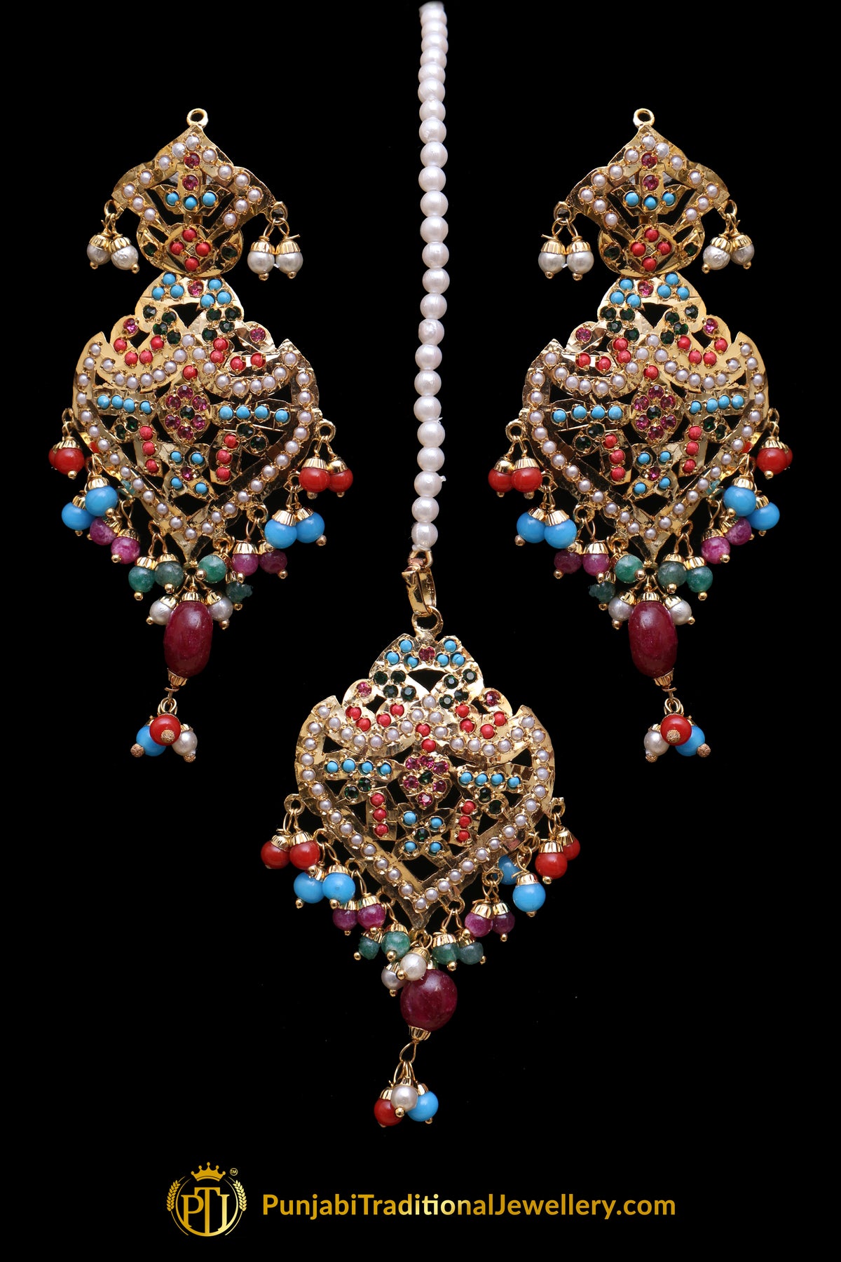 Multi Jadau Pearl Earring Tikka Set By Punjabi Traditional Jewellery