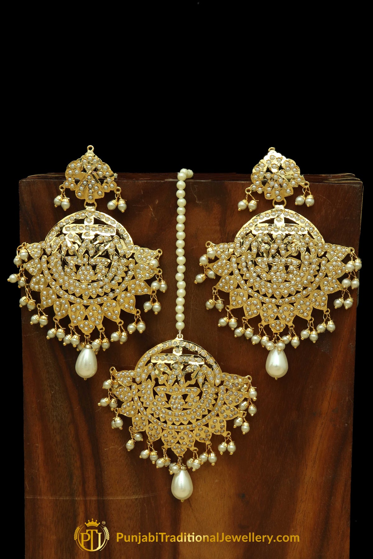 Golden Jadau Pearl Earring Tikka Set By Punjabi Traditional Jewellery