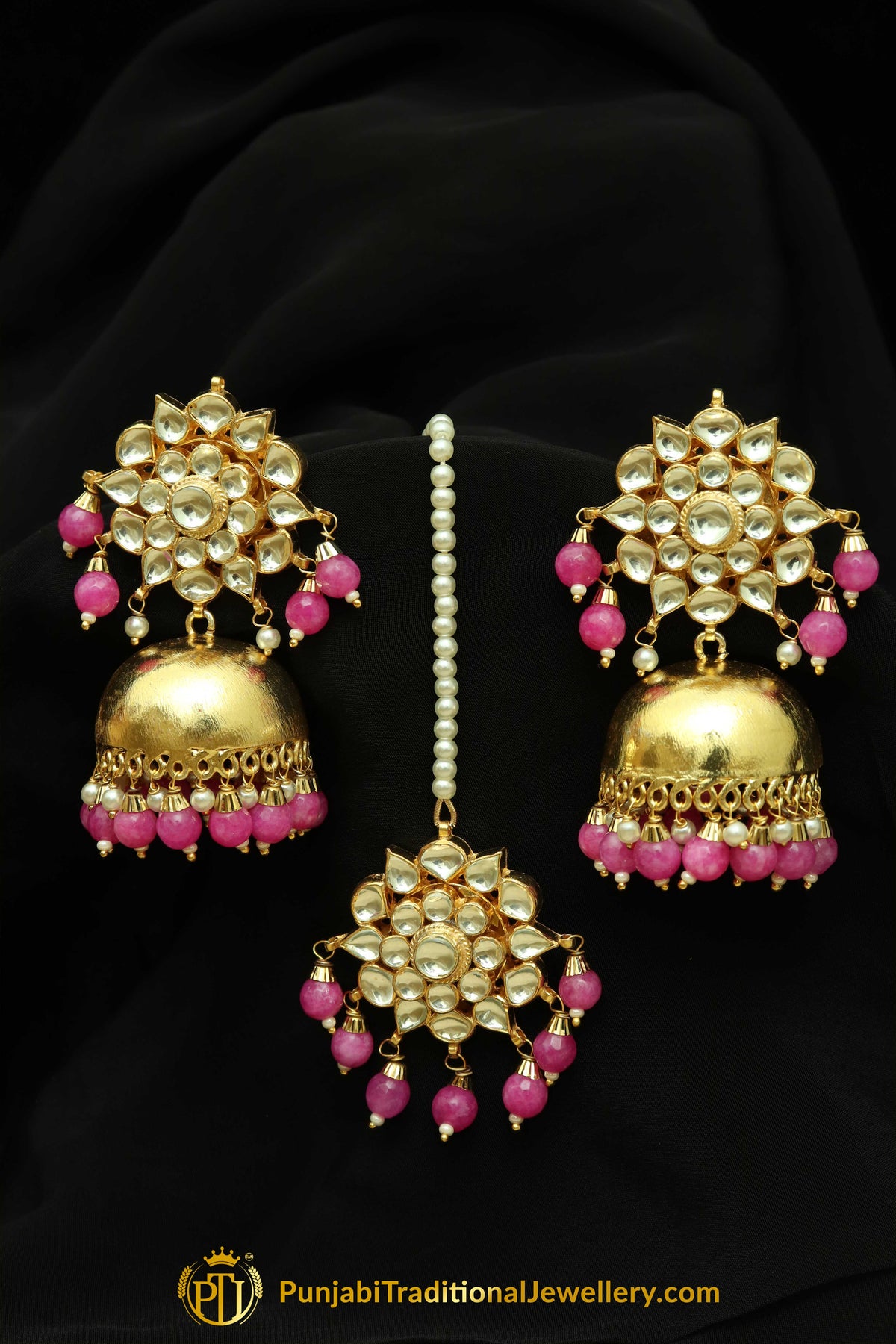Ijabo Gold Finished Pearl Pink Jhumki Kundan Earring Tikka Set | Punjabi Traditional Jewellery Exclusive