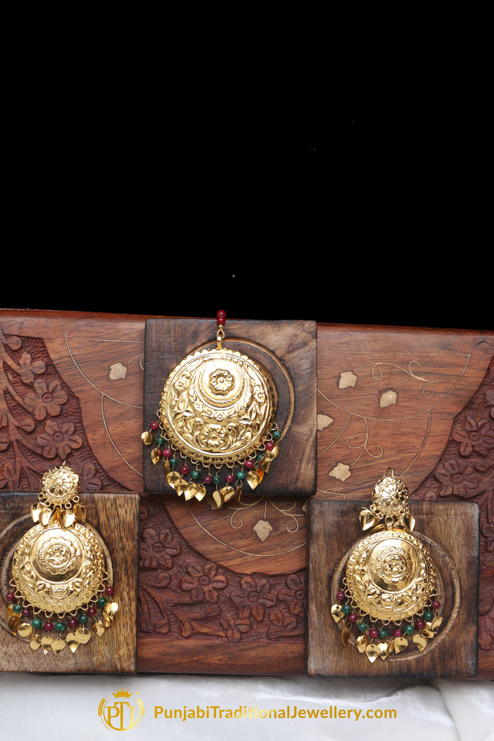 Red Green Pippal Patti Earring Tikka Set By Punjabi Traditional Jewellery