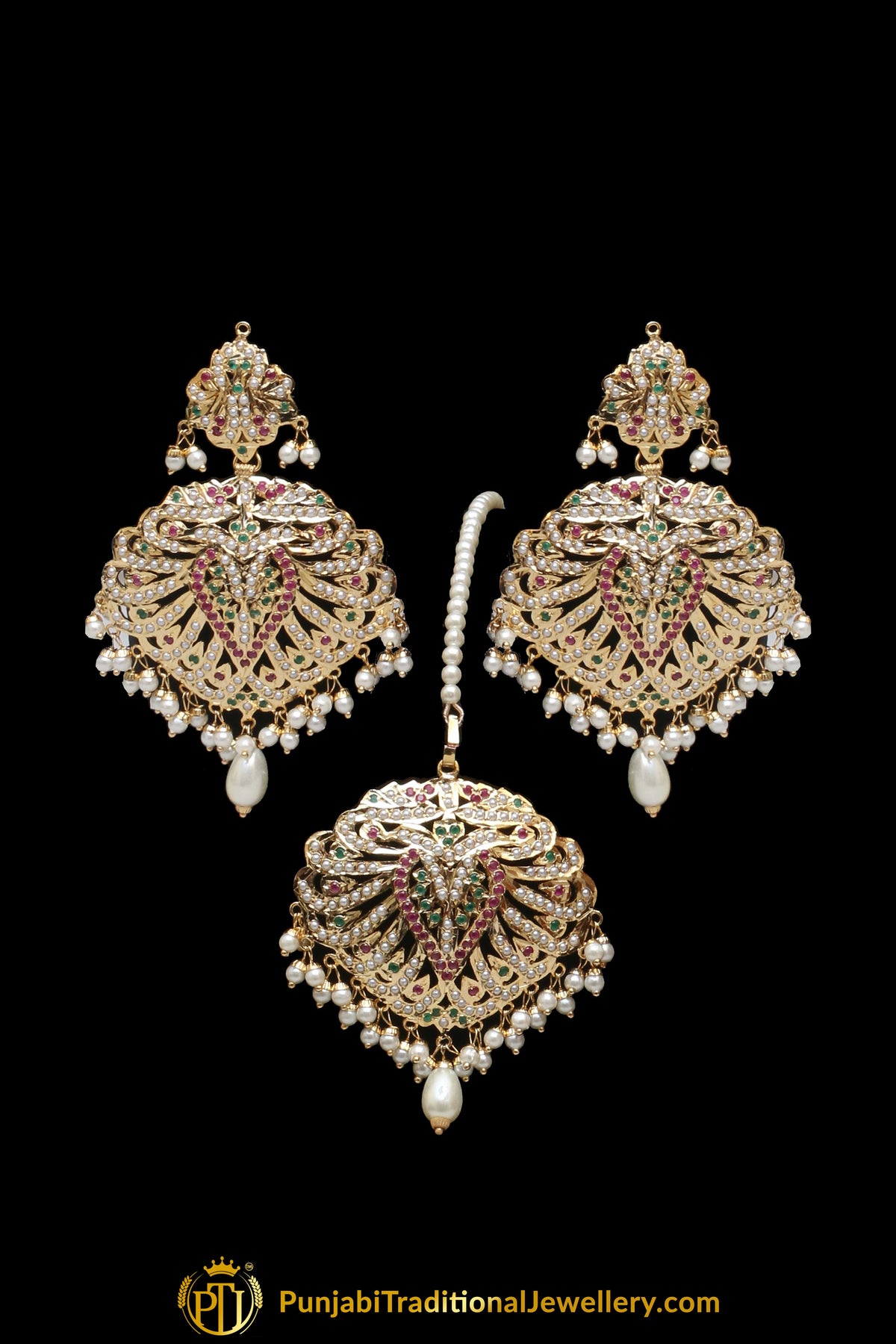 Multi Jadau Pearl Necklace Set By Punjabi Traditional Jewellery
