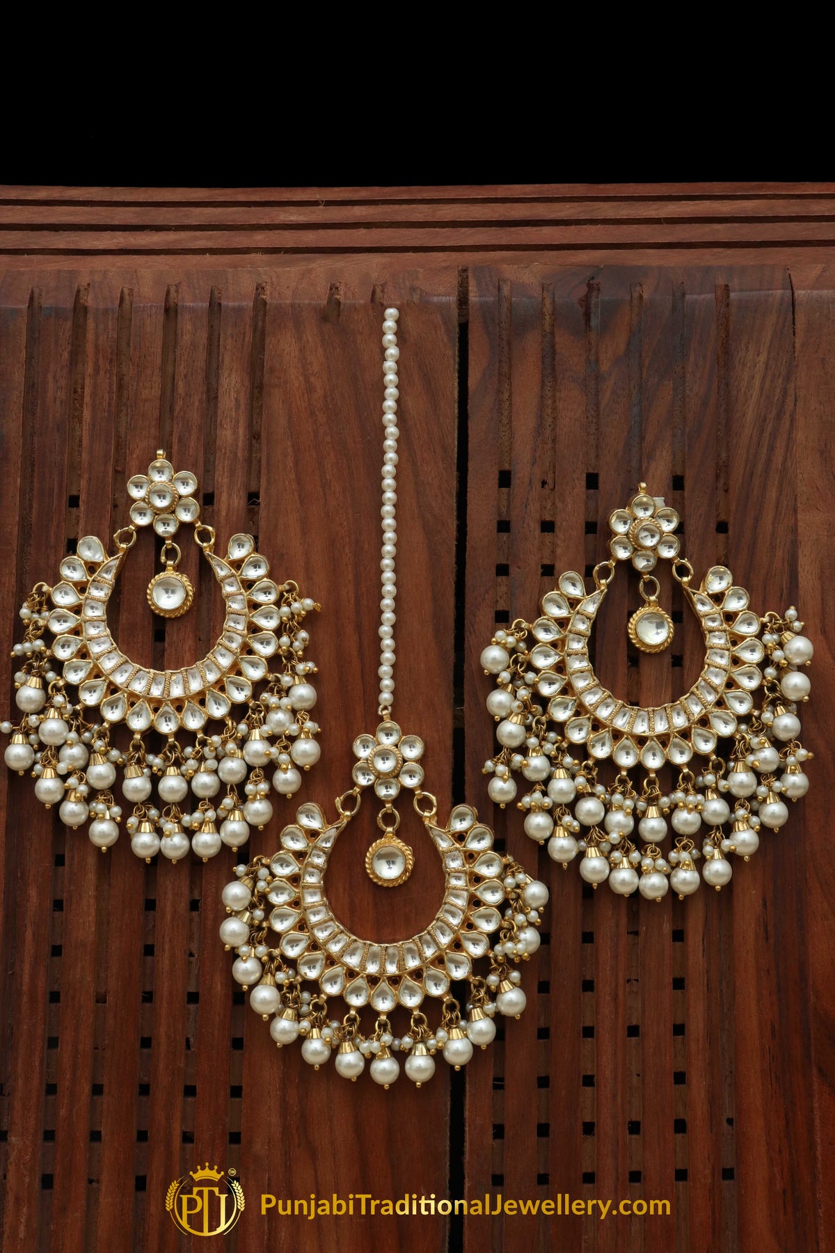 Golden Kundan Pearl Earring Tikka Set | Punjabi Traditional Jewellery Exclusive