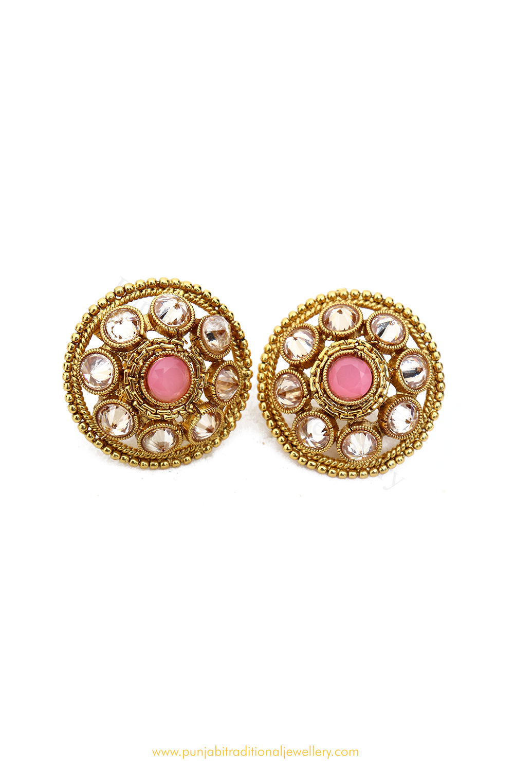 Antique Gold Finished Pink Polki Studs By PTJ