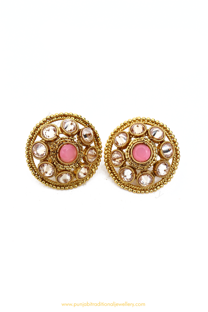 Antique Gold Finished Pink Polki Studs By PTJ
