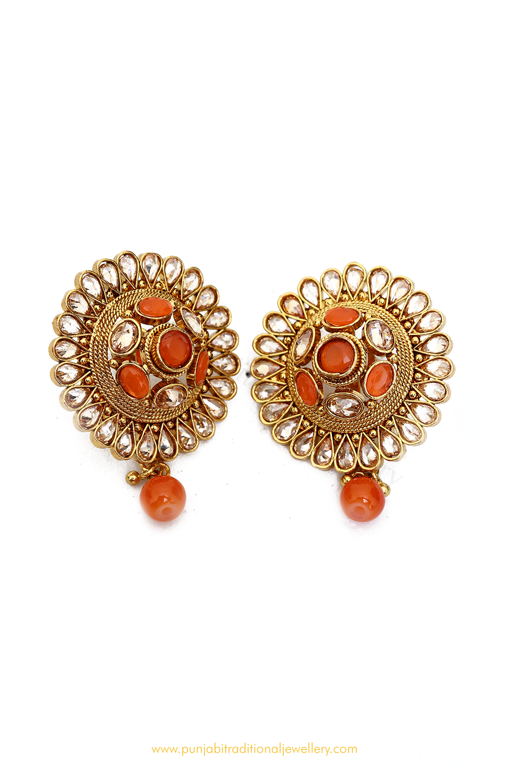 Antique Gold Finished Orange Polki Studs By PTJ