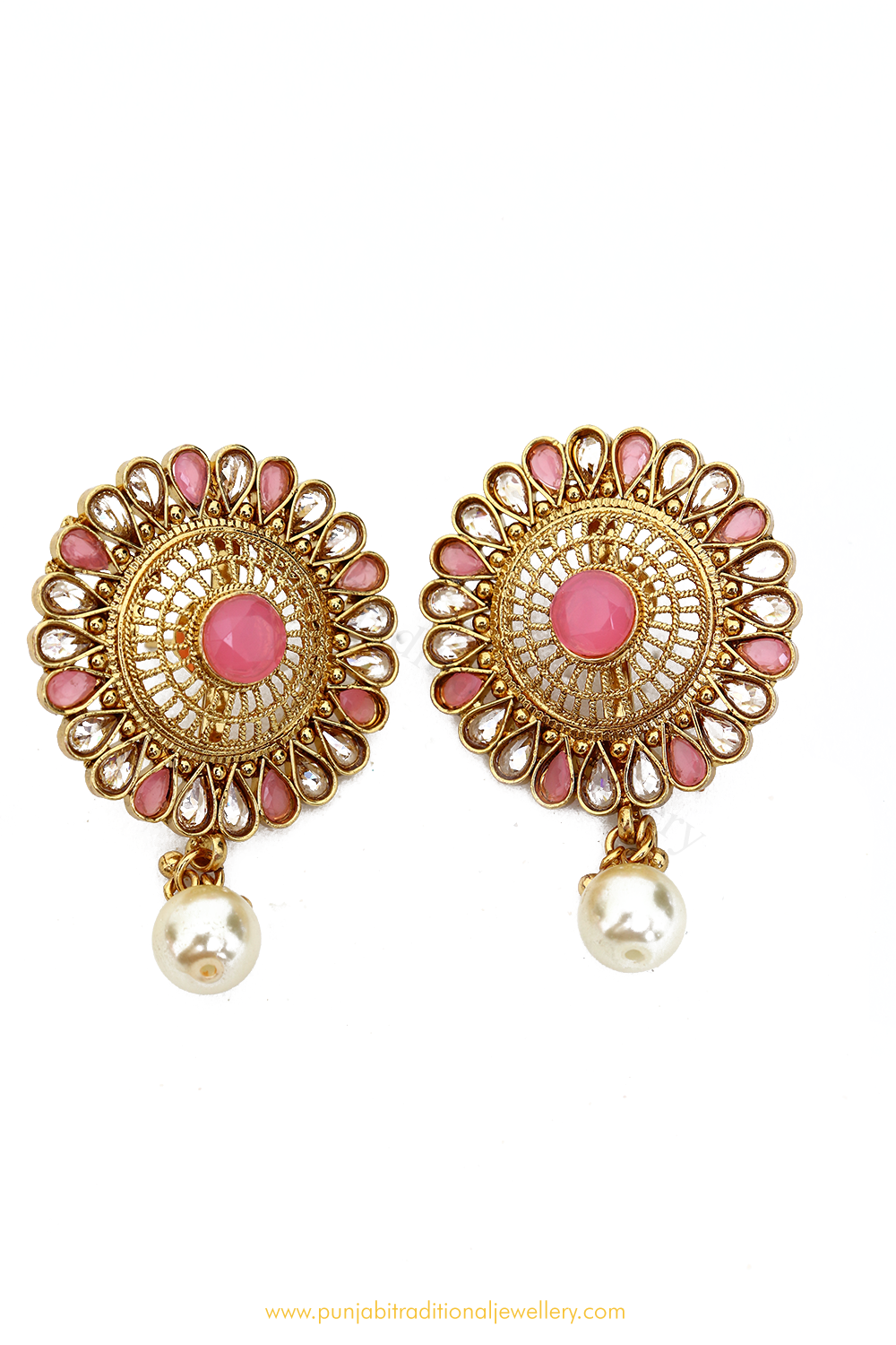 Antique Gold Finished Pink Polki Studs By PTJ