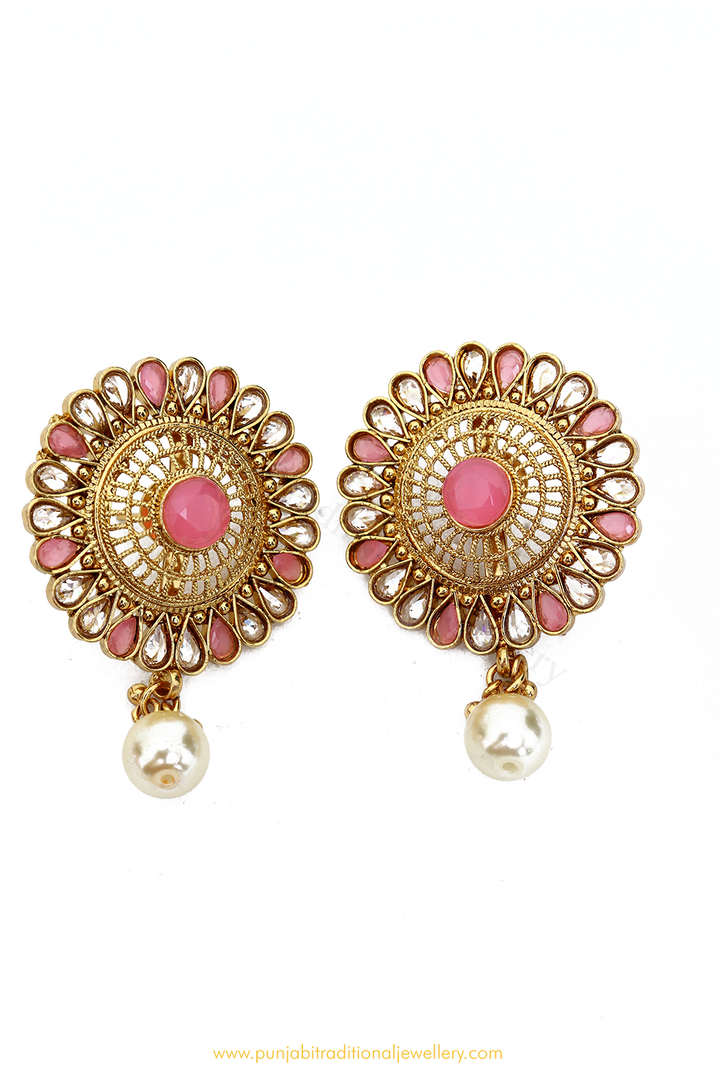 Antique Gold Finished Pink Polki Studs By PTJ