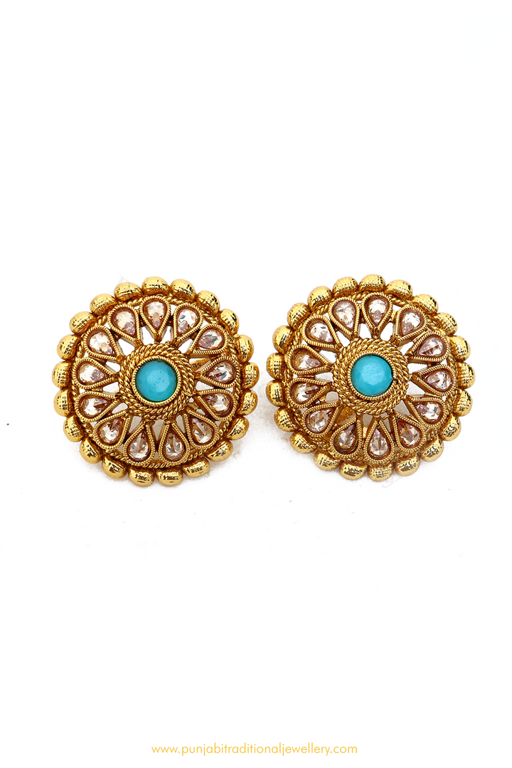 Antique Gold Finished Firoza Polki Studs By PTJ