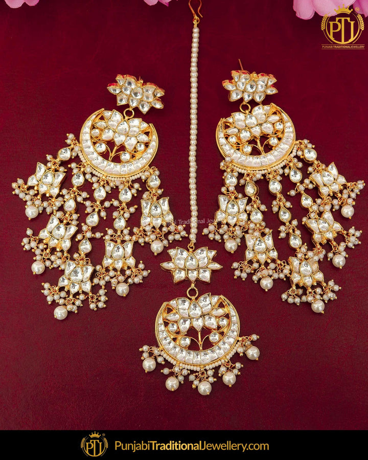 Gold Finished Pearl Kundan Earring Tikka Set | Punjabi Traditional Jewellery Exclusive