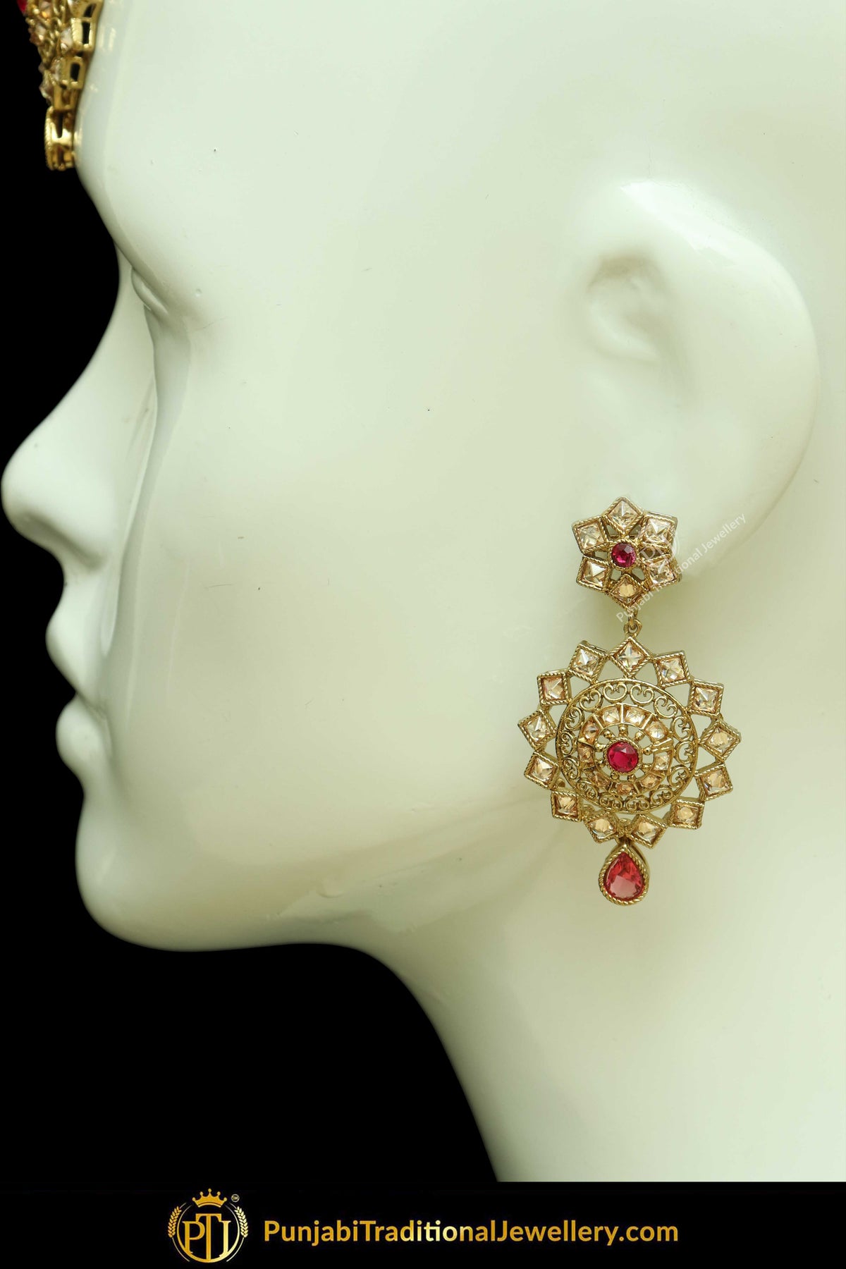 Antique Gold Finised Champagne Stone Red Earring Tikka Set By Punjabi Traditional Jewellery