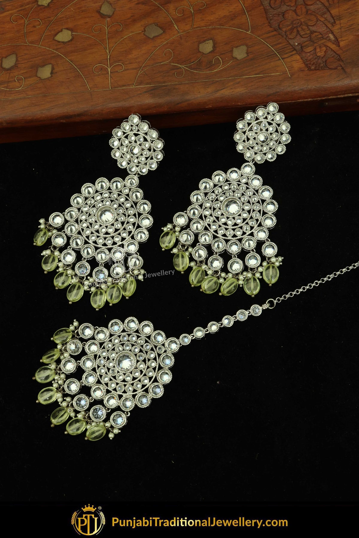 Silver Finished Polki Stone Pista Green Drops Earrings & Tikka Set By Punjabi Traditional Jewellery