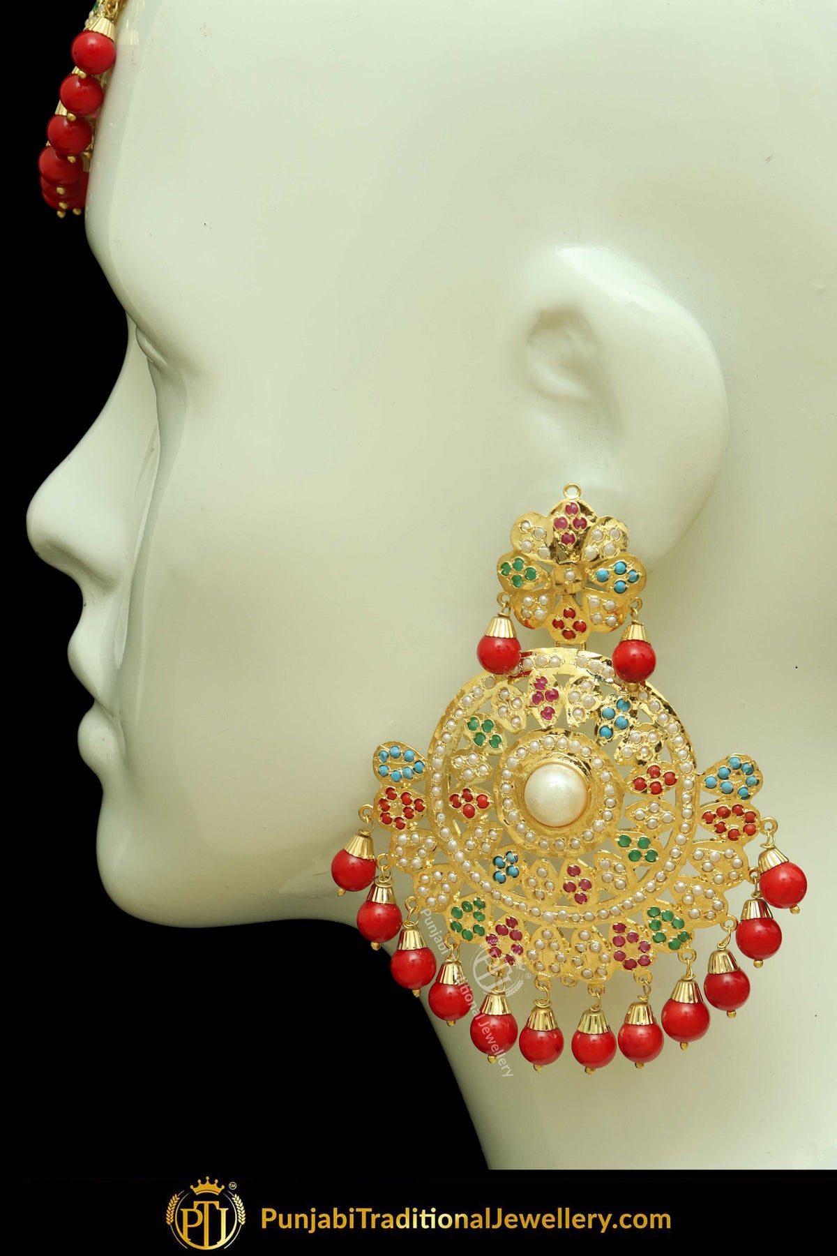 Gold Finished Red Jadau Pearl Earring Tikka Set | Punjabi Traditional Jewellery Exclusive