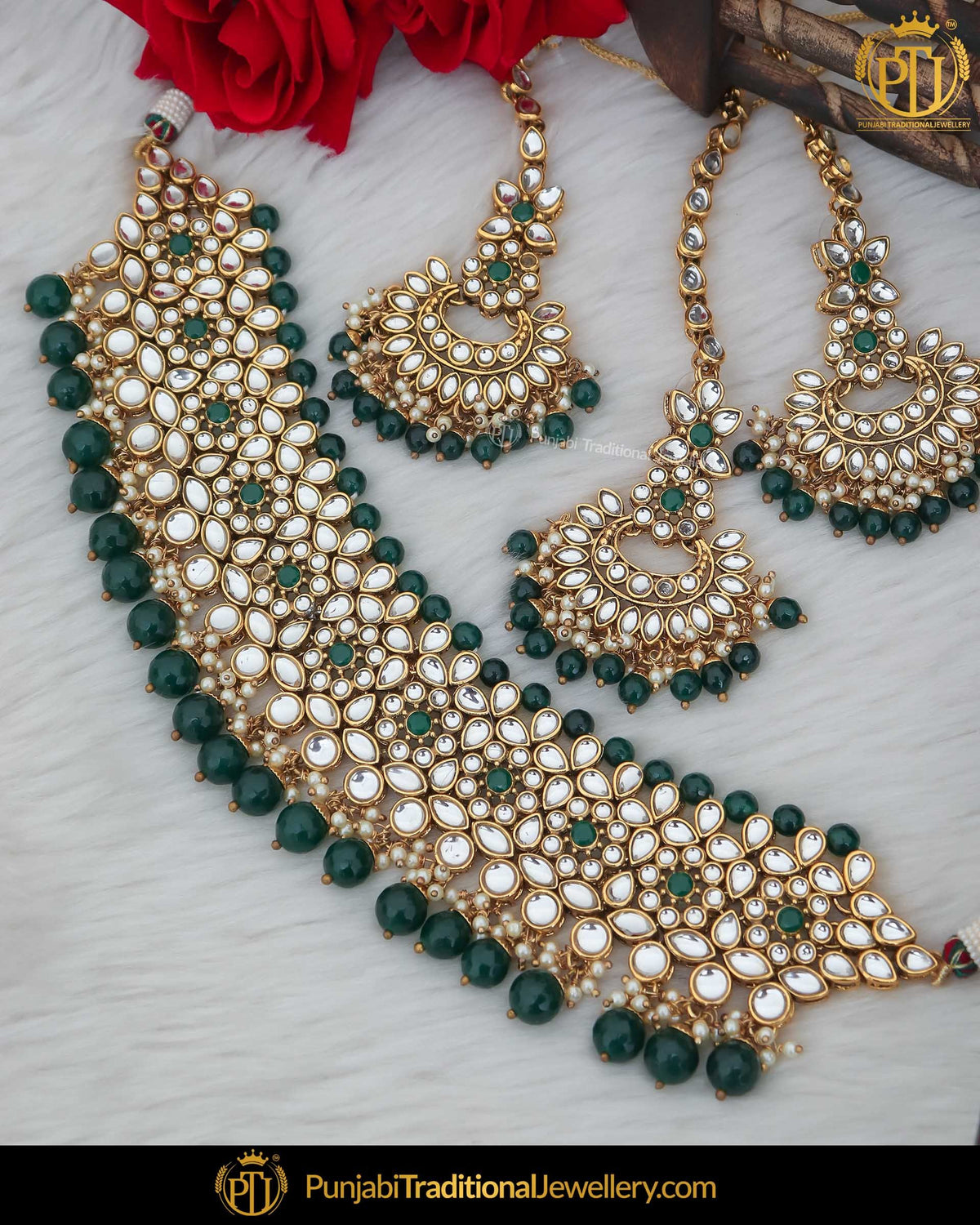 Gold Finished Kundan Pearl Green Choker Necklace Set | Punjabi Traditional Jewellery Exclusive