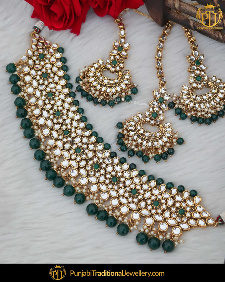 Gold Finished Kundan Pearl Green Choker Necklace Set | Punjabi Traditional Jewellery Exclusive