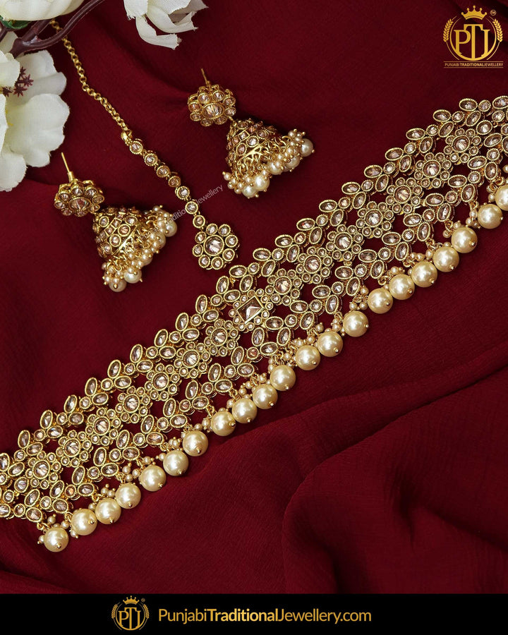Gold Finished Champagne Stone Pearl Choker Necklace Set | Punjabi Traditional Jewellery Exclusive