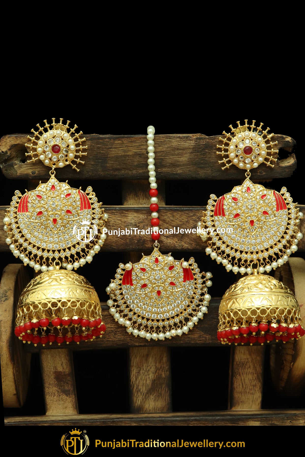 Gold Finished Rubby Earring Tikka Set | Punjabi Traditional Jewellery Exclusive