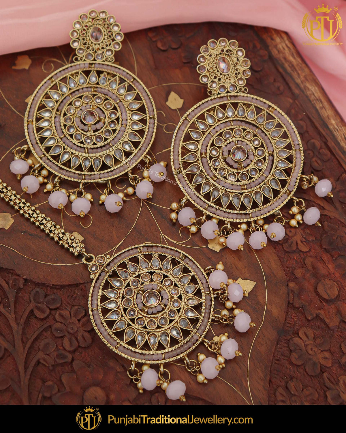 Antique Gold Finished Pearl Peach Champagne Stone Earring Tikka Set | Punjabi Traditional Jewellery Exclusive