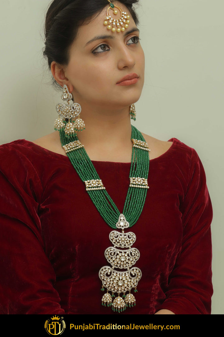 Amaya Gold Finished Emerald Kundan Long Crystal Necklace Set With Tikka | Punjabi Traditional Jewellery Exclusive