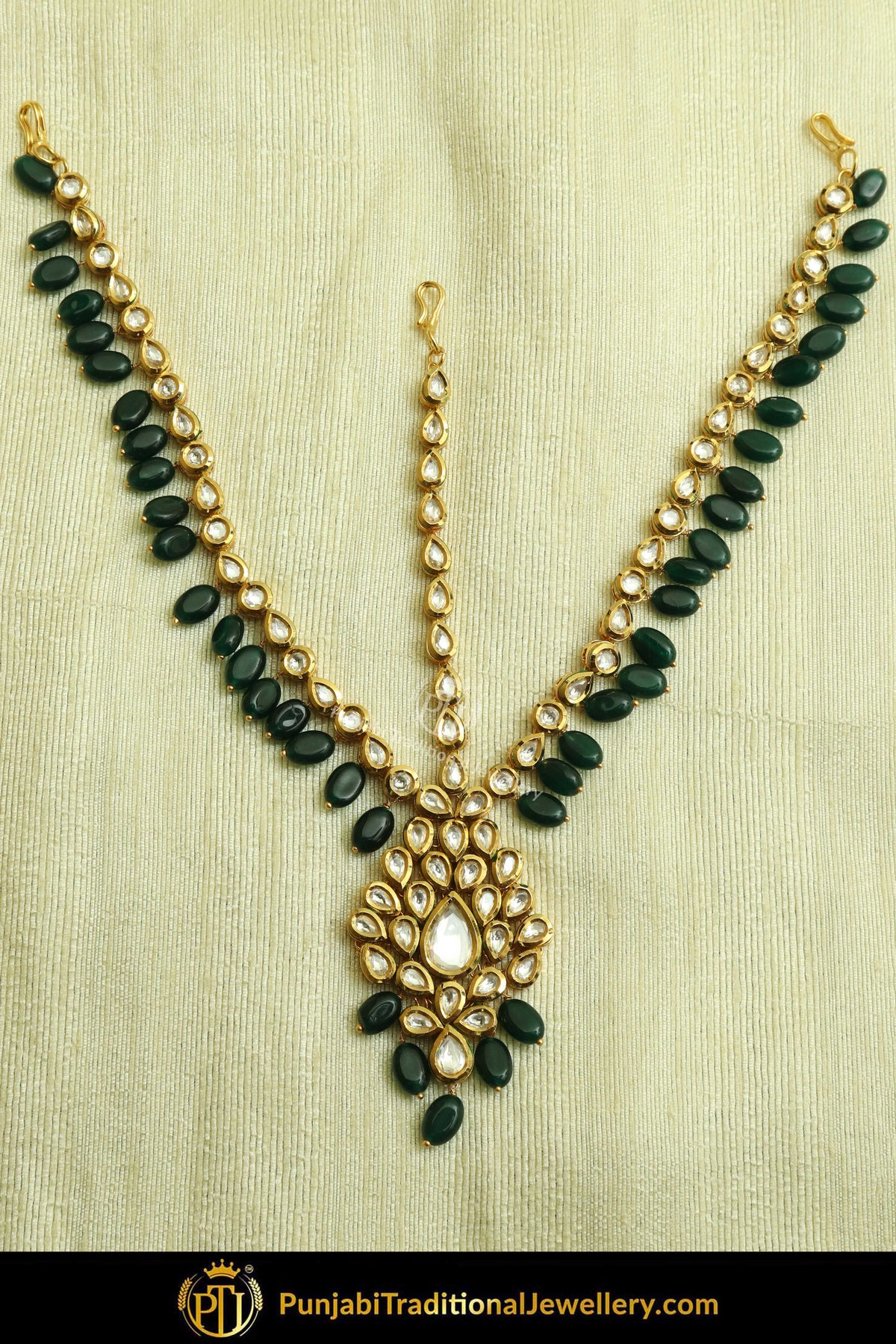 Gold Finished Kundan Emerald Matha Patti | Punjabi Traditional Jewellery Exclusive