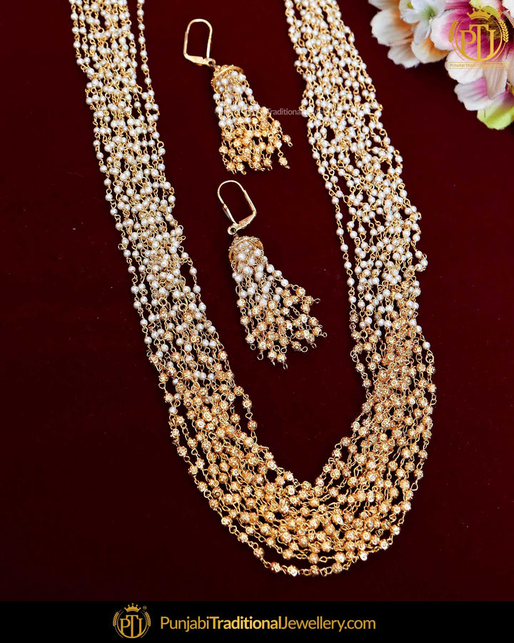 Antique Gold Finished Champagne Stone Pearl Long Mala Set  | Punjabi Traditional Jewellery Exclusive