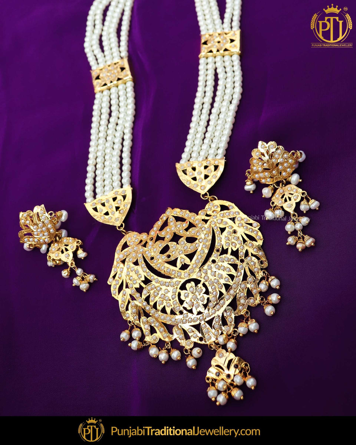 Gold Finished Pearl Jadau Pearl Long Necklace Set | Punjabi Traditional Jewellery Exclusive